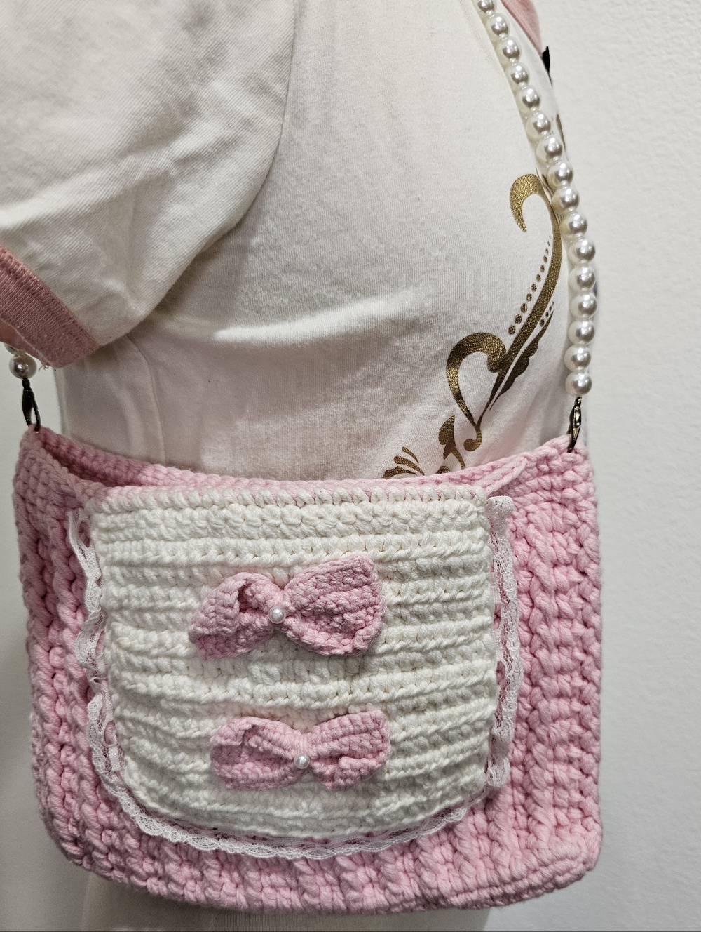 Handmade Pink & Cream Crochet Shoulder Bag with Pearl Strap